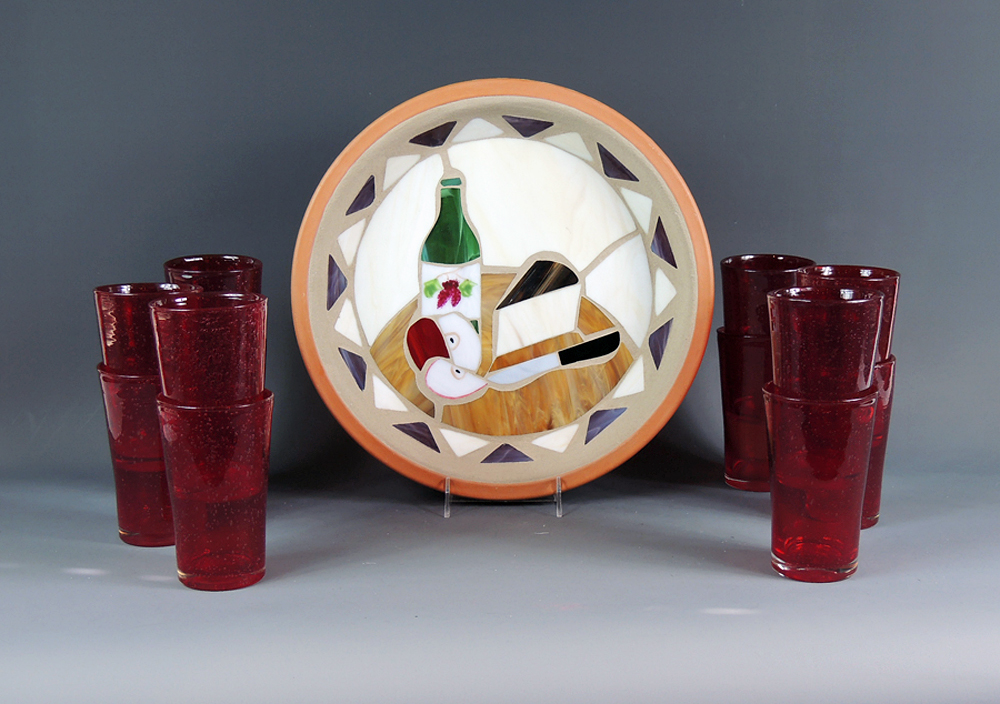 Signed Potworks Clay/Stained Glass Serving Tray w/ Glasses