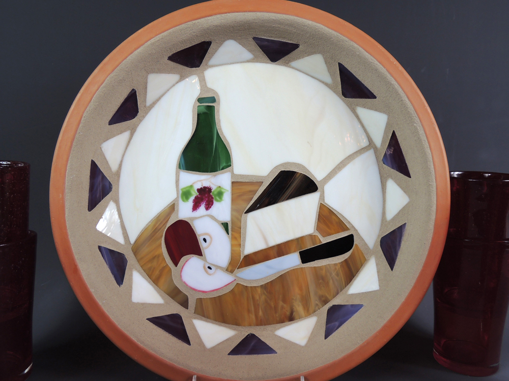 Signed Potworks Clay/Stained Glass Serving Tray w/ Glasses