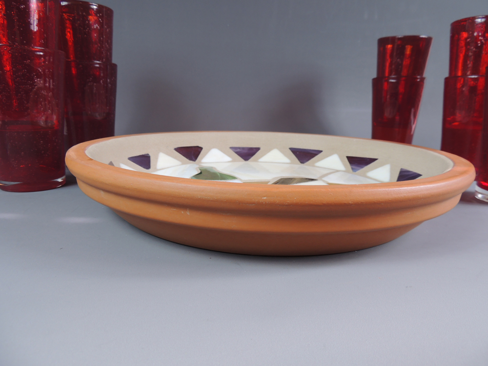 Signed Potworks Clay/Stained Glass Serving Tray w/ Glasses