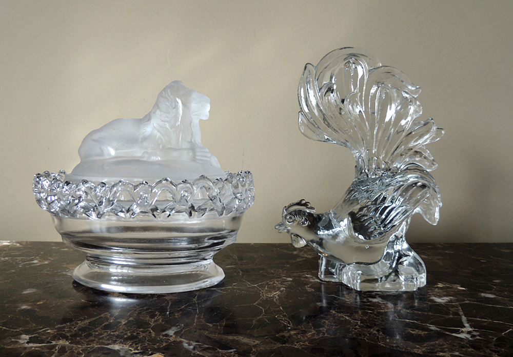 Imperial Glass Lion Candy Dish and Fighting Cock Figurine