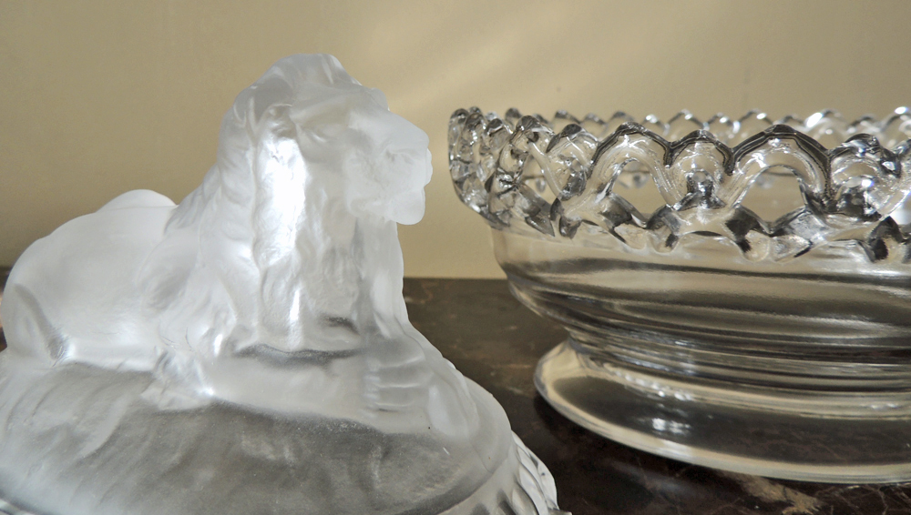 Imperial Glass Lion Candy Dish and Fighting Cock Figurine