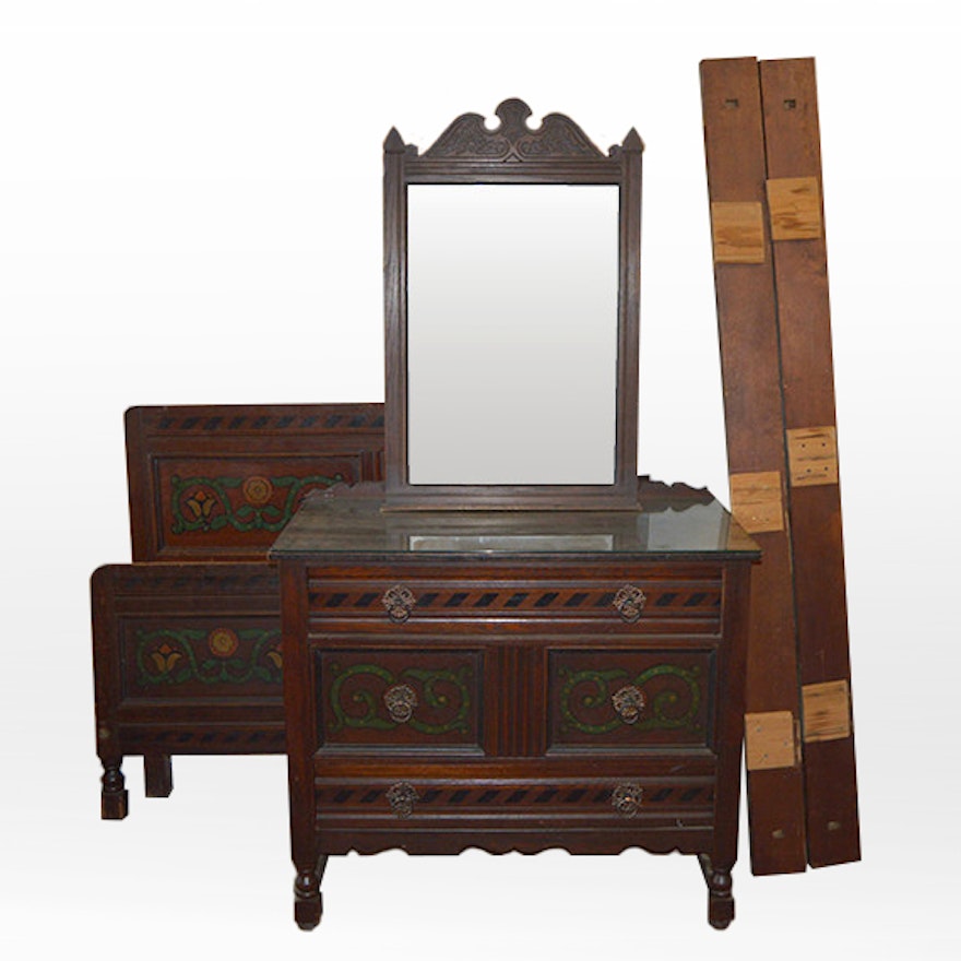 Oak Bed Frame, Dresser and Mirror Suite