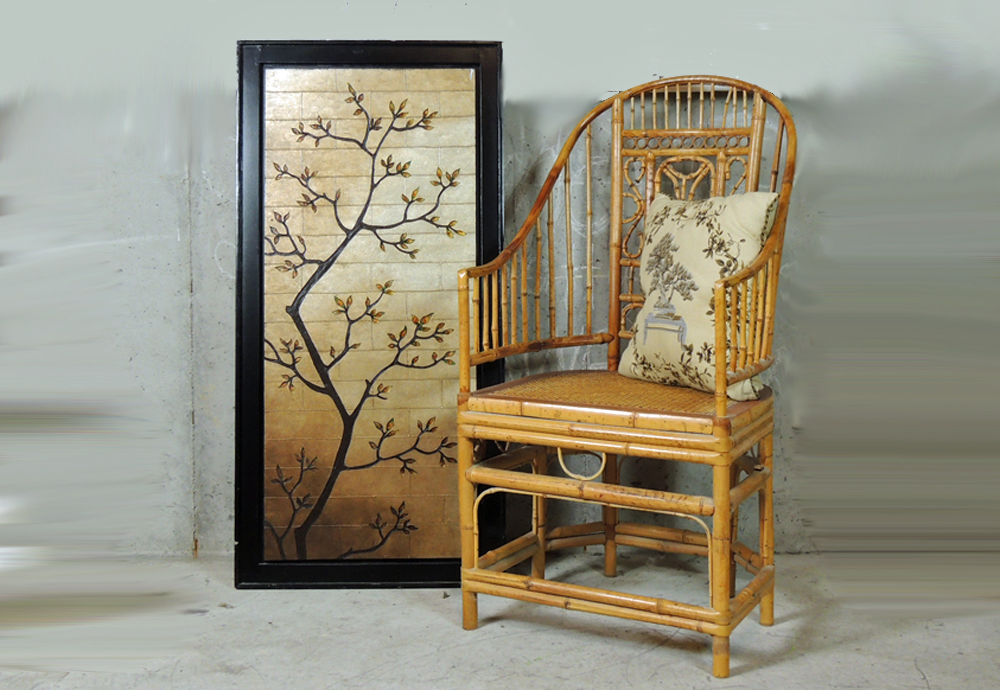 Bamboo Chair, Asian Wall Art and Bonsai Decor Pillow