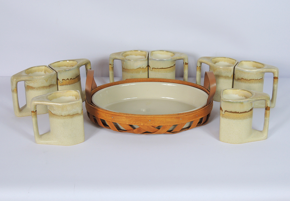 Geralde Henn Workshop Basket, Baker, Eight Padilla Pottery Mugs
