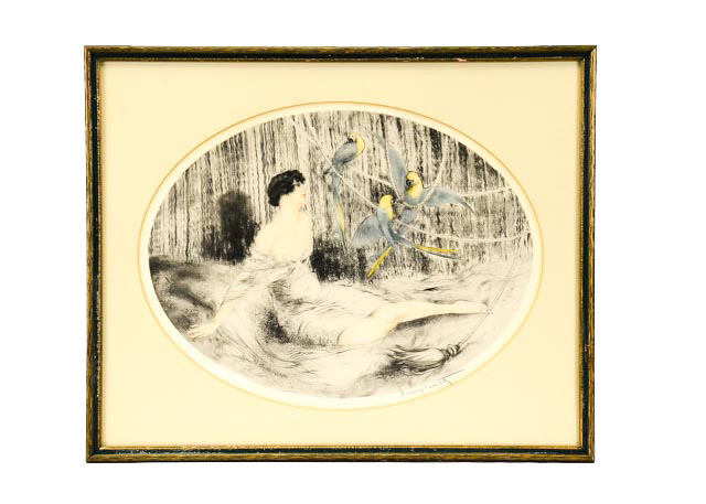 Original Louis Icart Aquatint Drypoint Etching "Parrots"