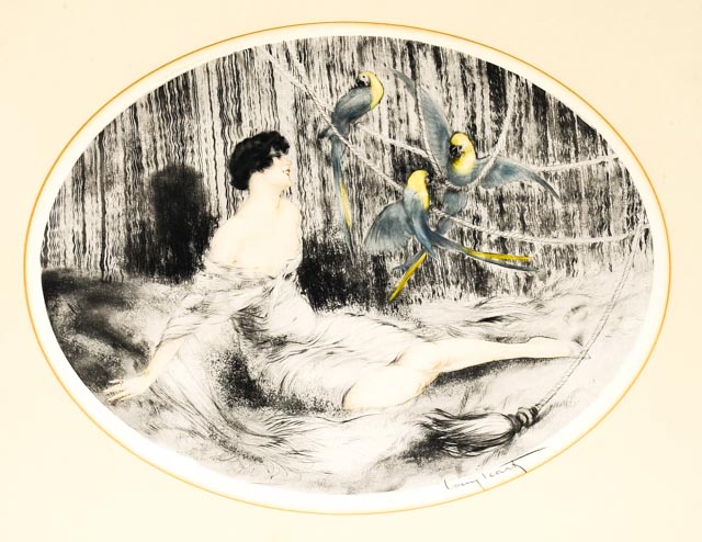 Original Louis Icart Aquatint Drypoint Etching "Parrots"