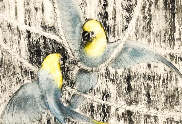 Original Louis Icart Aquatint Drypoint Etching "Parrots"