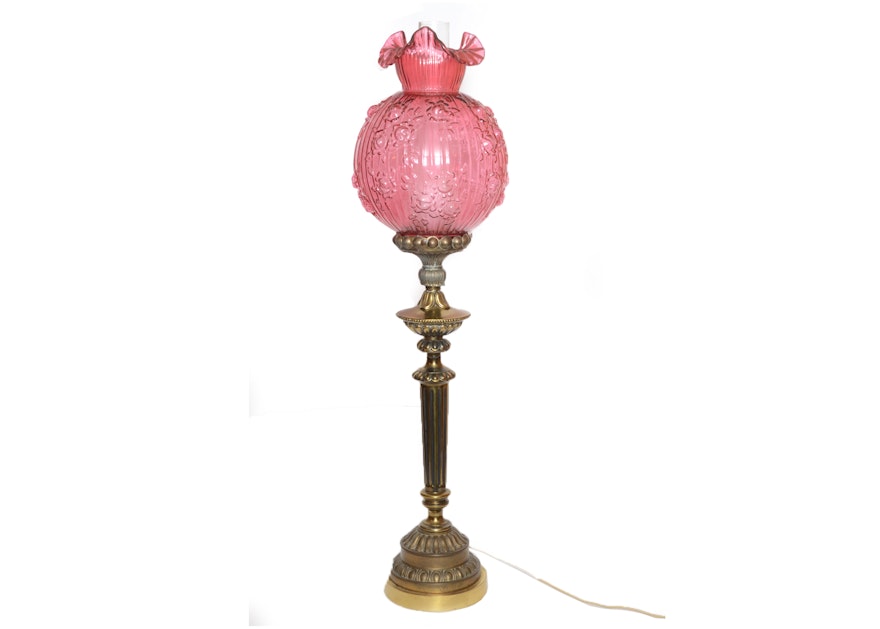 Vintage Fenton Cranberry Glass Cabbage Rose Brass Table Lamp