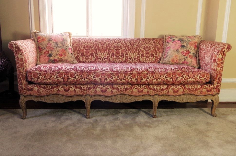Vintage French Provincial Sofa with Velvet Tapestry Upholstery