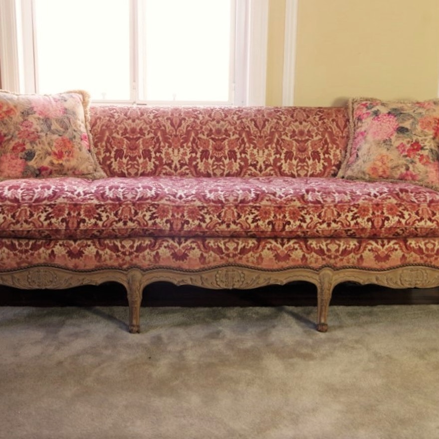 Vintage French Provincial Sofa with Velvet Tapestry Upholstery