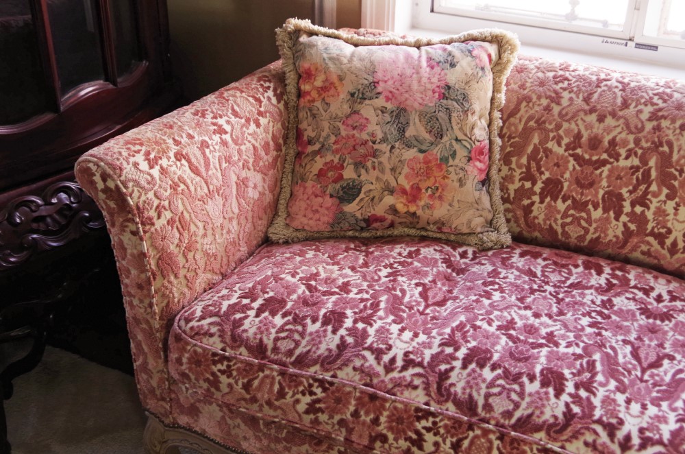 Vintage French Provincial Sofa with Velvet Tapestry Upholstery