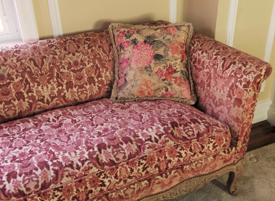 Vintage French Provincial Sofa with Velvet Tapestry Upholstery