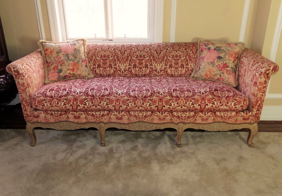 Vintage French Provincial Sofa with Velvet Tapestry Upholstery