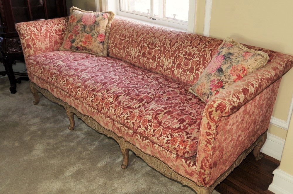 Vintage French Provincial Sofa with Velvet Tapestry Upholstery