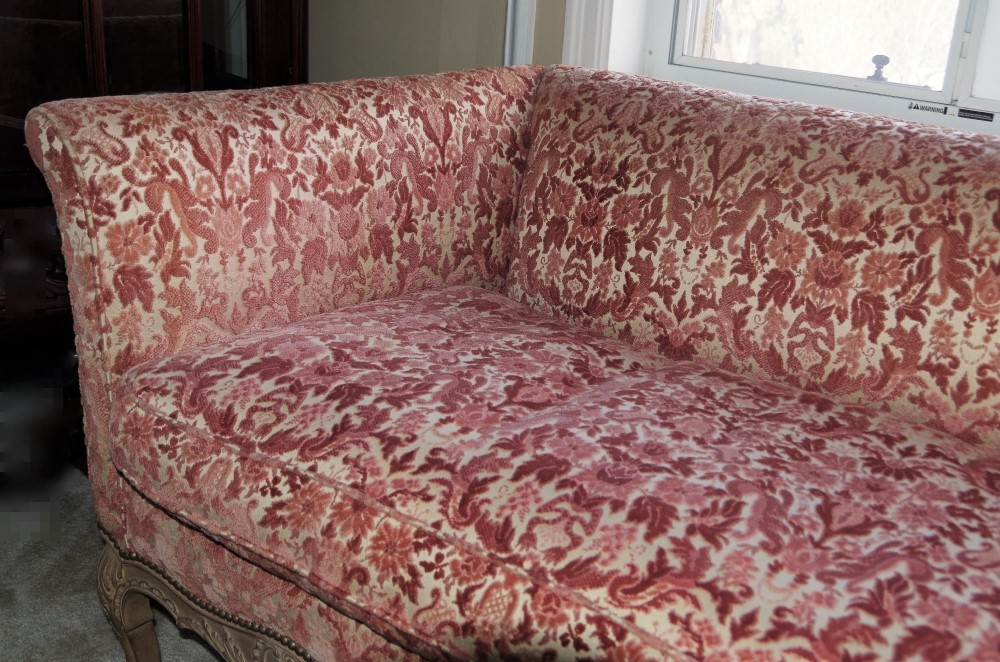 Vintage French Provincial Sofa with Velvet Tapestry Upholstery