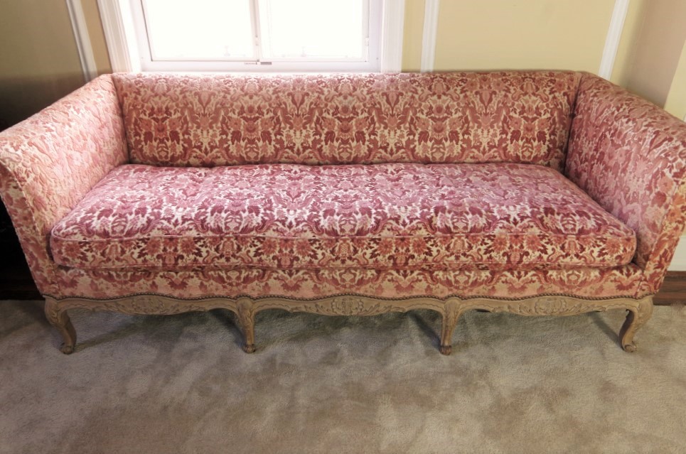 Vintage French Provincial Sofa with Velvet Tapestry Upholstery
