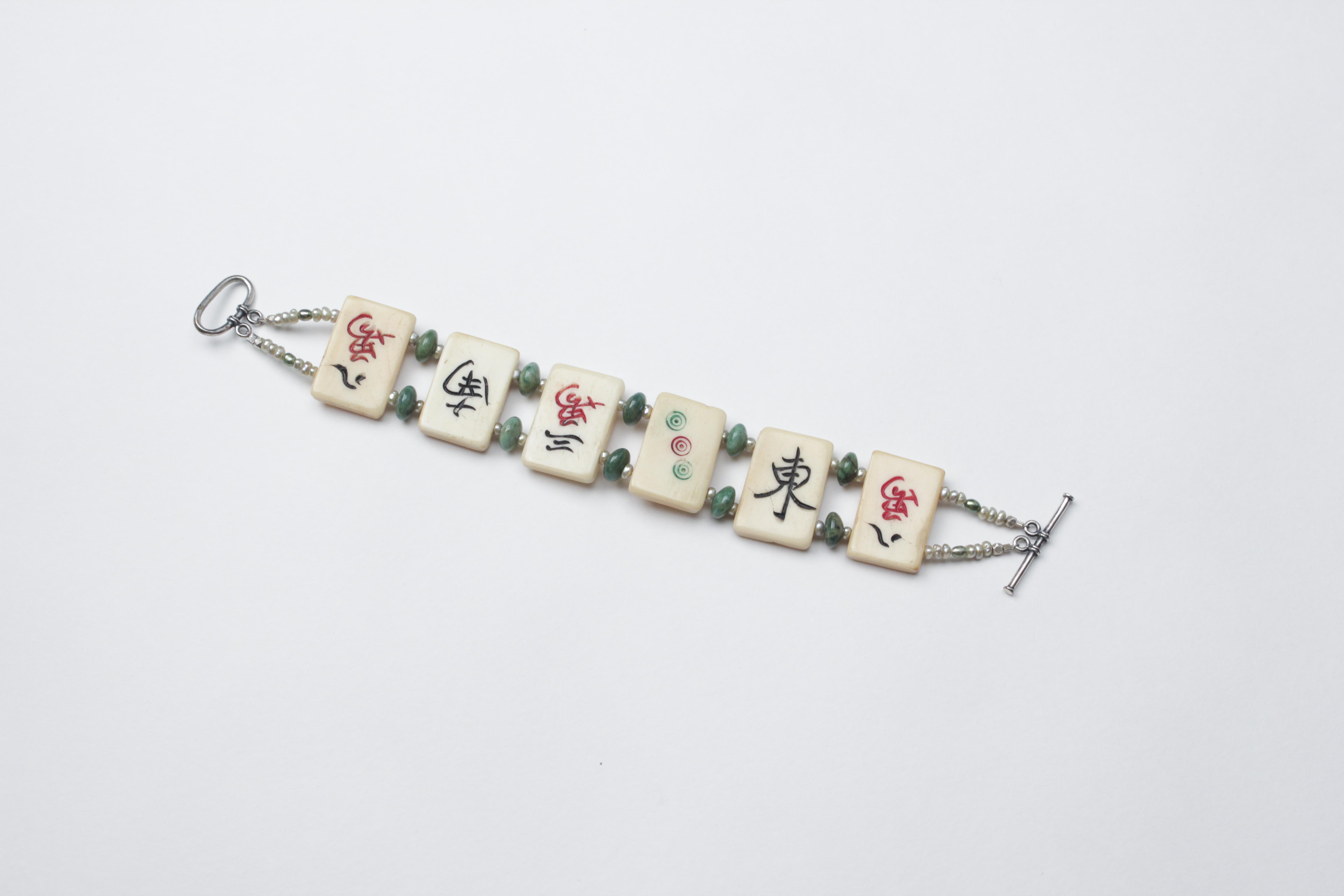 Mahjong Tile Bone Bracelet with Freshwater Pearls and Nephrite
