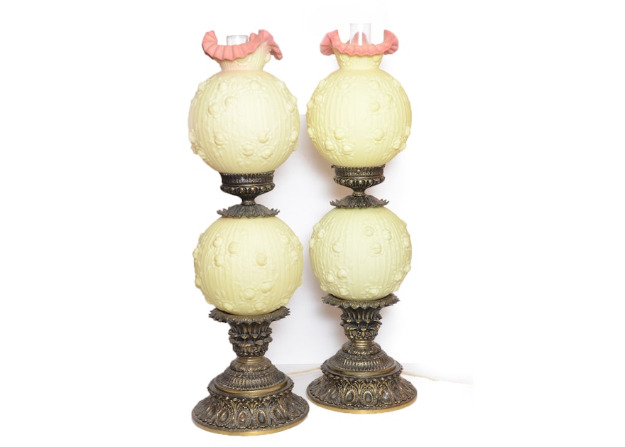 Pair of Vintage Fenton Gone with the Wind Burmese Glass Lamps