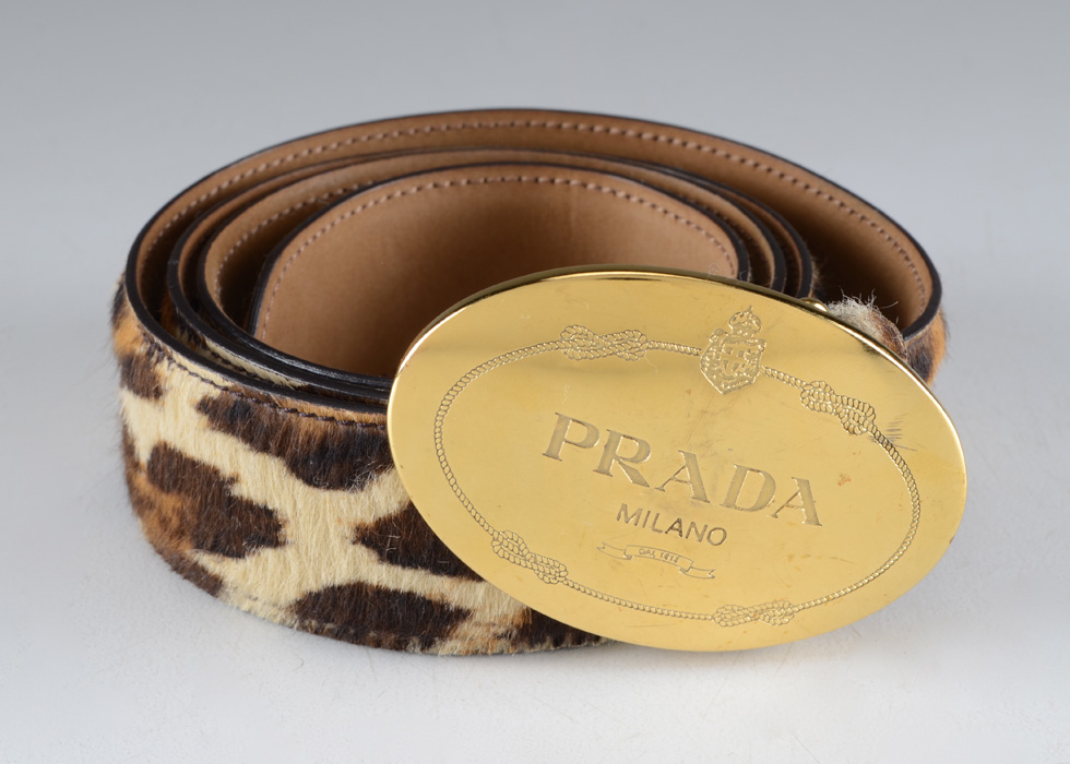 Prada of Milano, Italy Leopard Print Calf Hair and Leather Belt