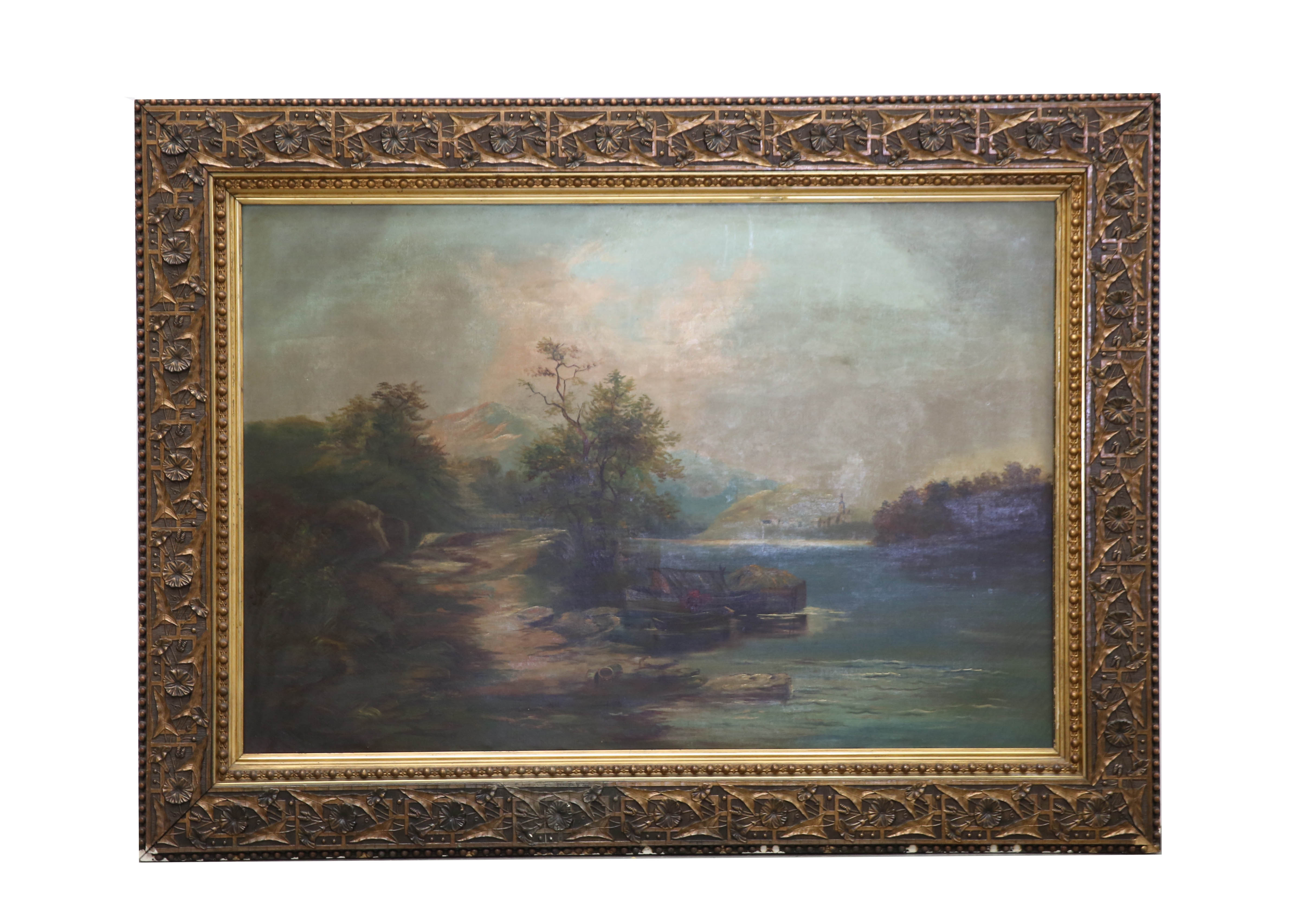 Vintage Acrylic Painting of River Wilderness Scene