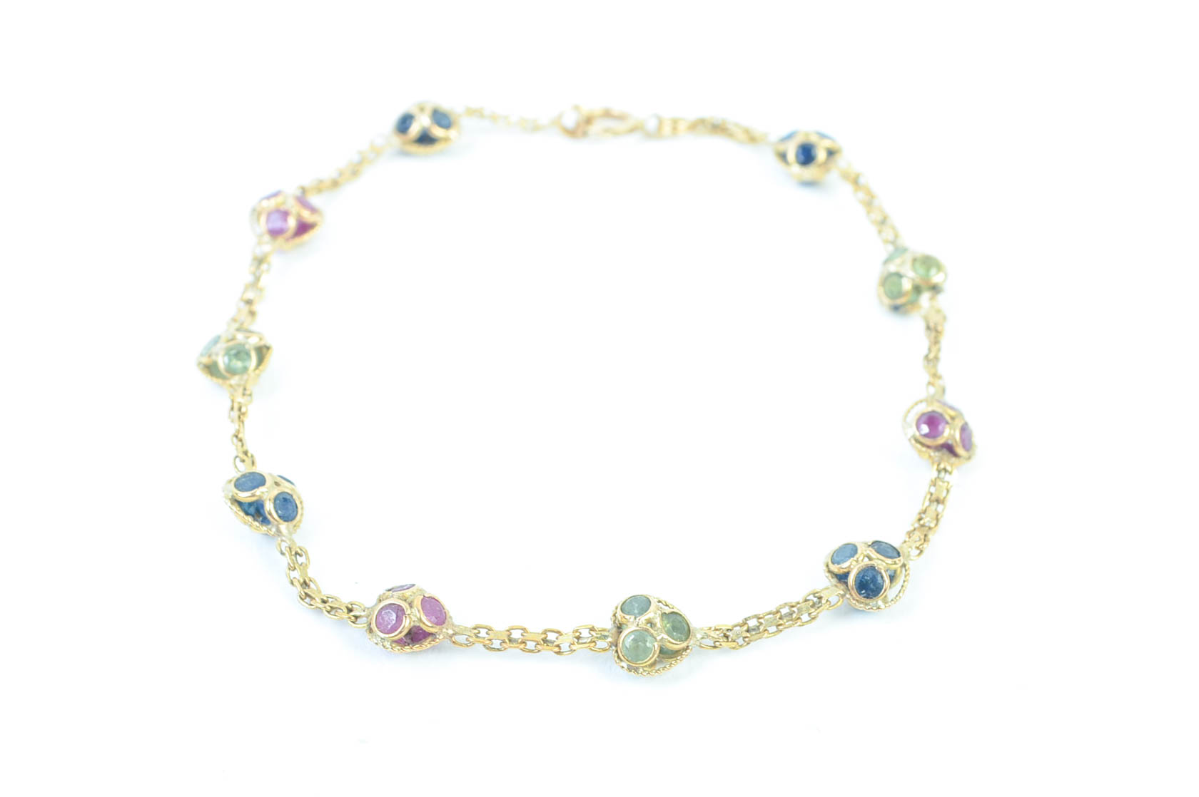 14K Gold Bracelet with Peridots, Sapphires and Rubies