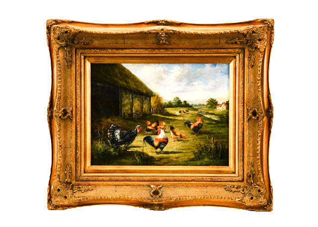 Original Oil Painting of Chickens and Turkey by G. Roy