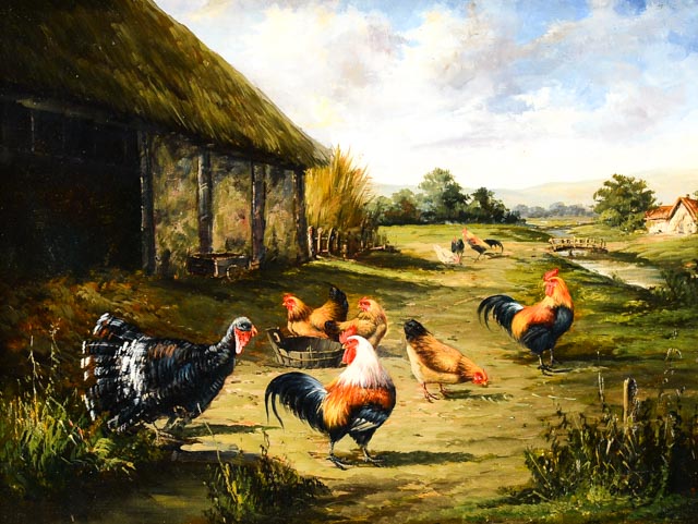 Original Oil Painting of Chickens and Turkey by G. Roy