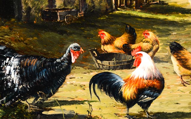 Original Oil Painting of Chickens and Turkey by G. Roy