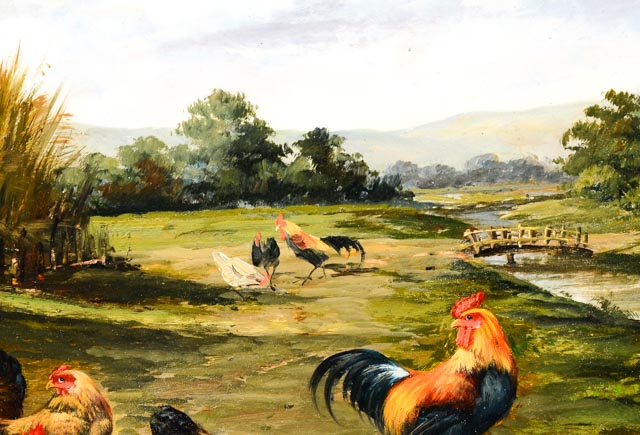Original Oil Painting of Chickens and Turkey by G. Roy