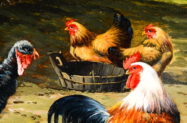 Original Oil Painting of Chickens and Turkey by G. Roy