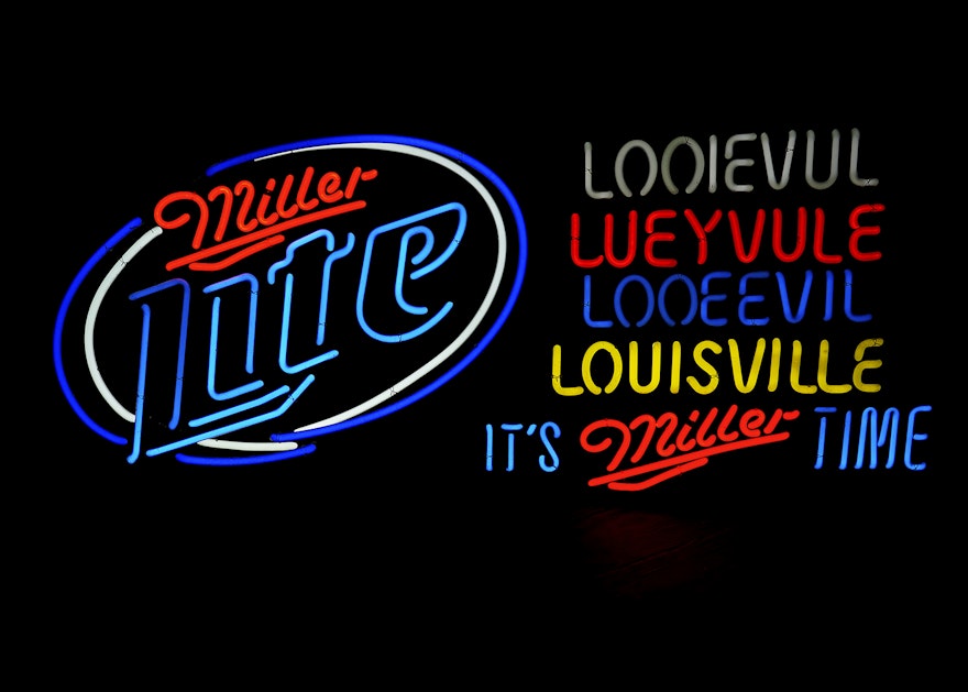 neon sign of different spellings of 'Louisville'.  Louisville kentucky,  Kentucky, My old kentucky home