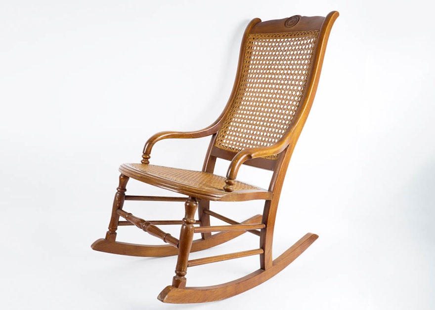 Vintage Maple Rocking Chair with Cane Woven Back and Seat
