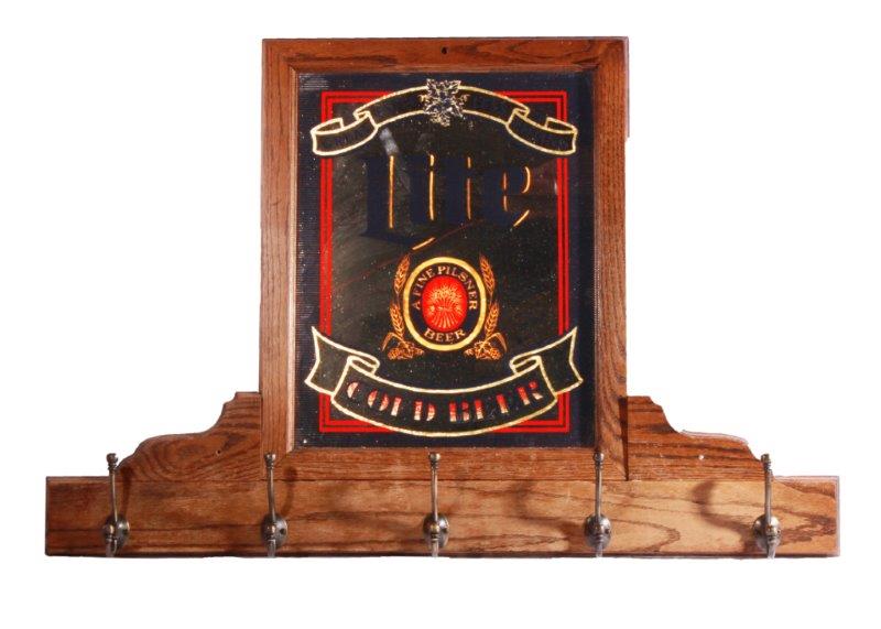 Miller Lite Oak Wood Framed Mirror and Coat Rack