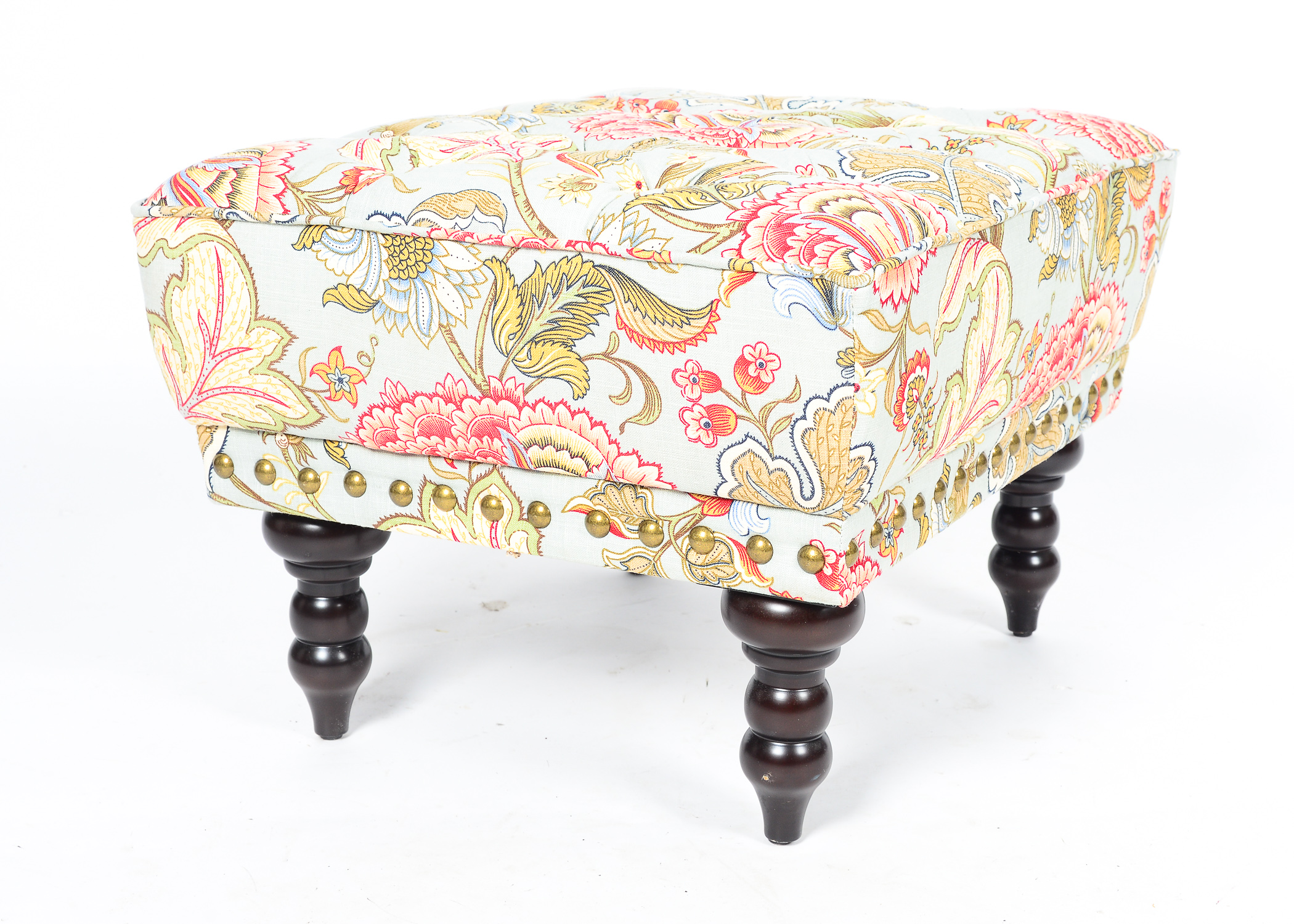 Pair of Upholstered Pier One Chairs with Matching Ottoman