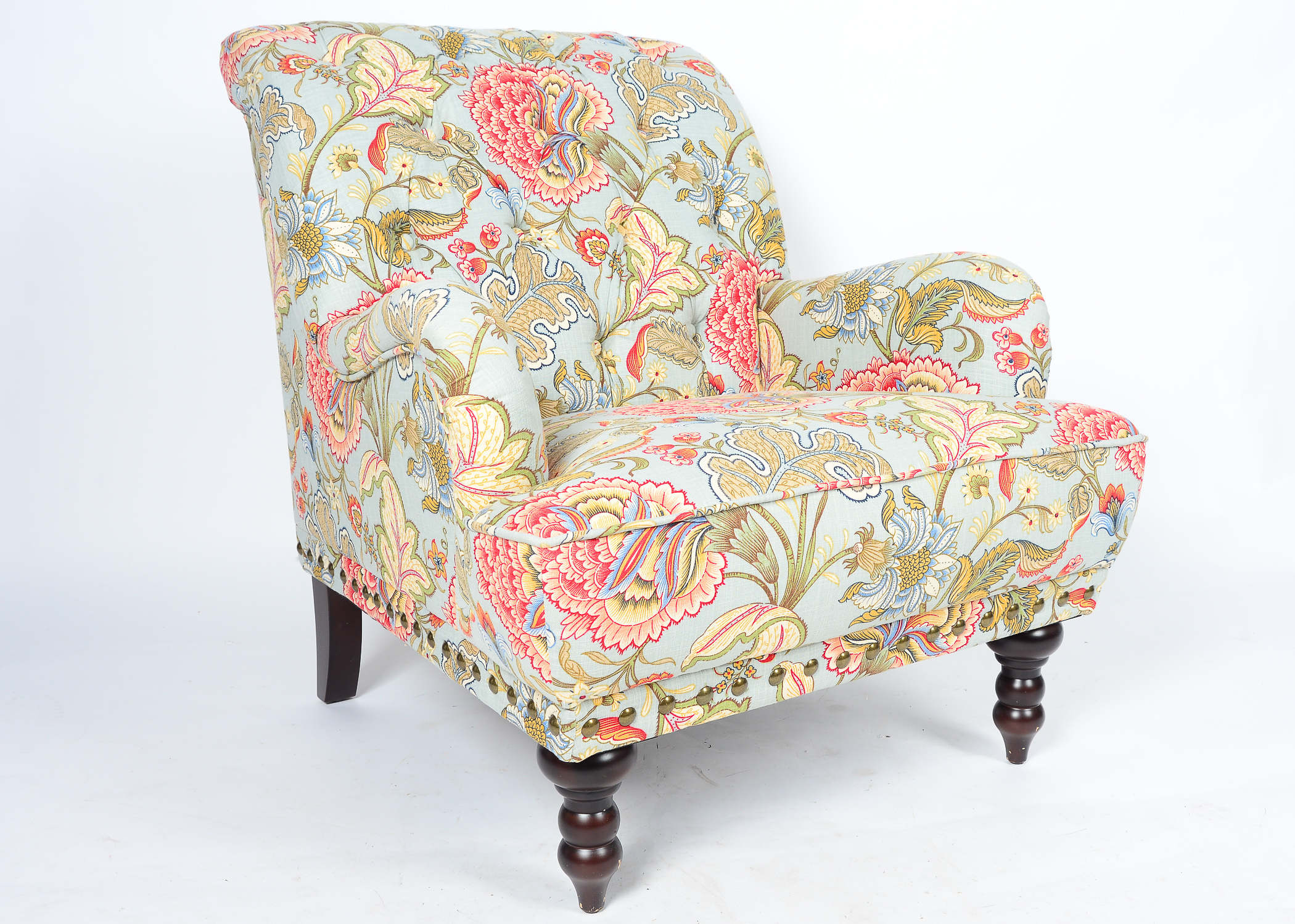 Pair of Upholstered Pier One Chairs with Matching Ottoman