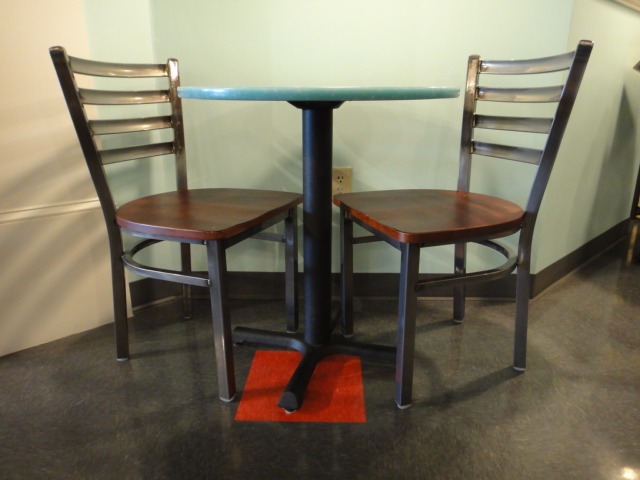 Small Round Cafe Table and Two Chairs Turquoise Corian Top
