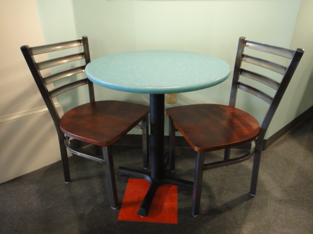 Small Round Cafe Table and Two Chairs Turquoise Corian Top