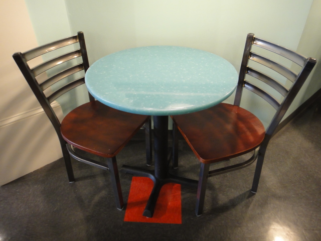 Small Round Cafe Table and Two Chairs Turquoise Corian Top