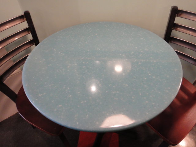 Small Round Cafe Table and Two Chairs Turquoise Corian Top