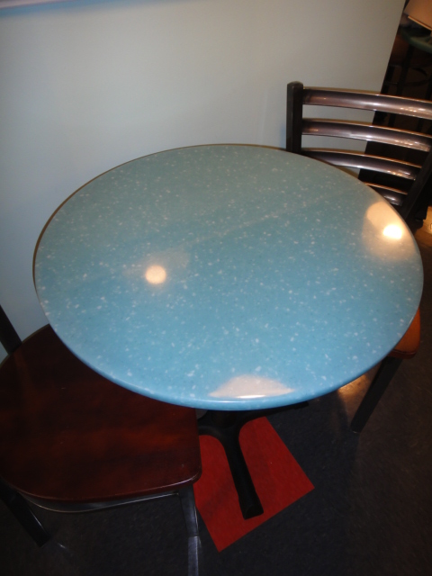 Small Round Cafe Table and Two Chairs Turquoise Corian Top