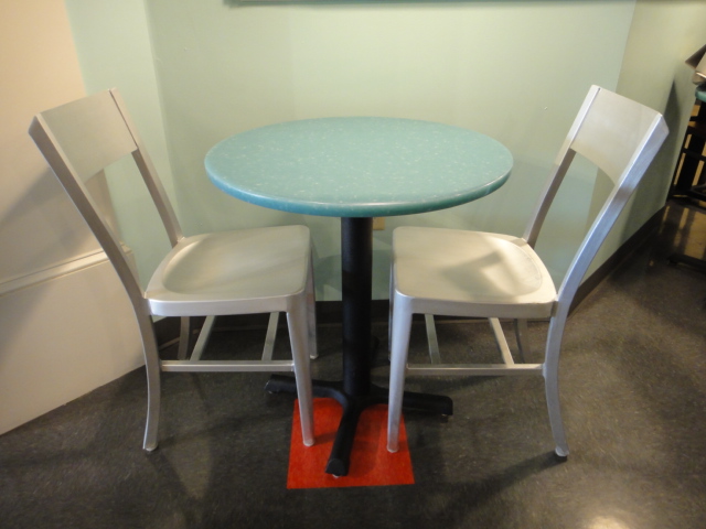 Small Round Cafe Table and Two Chairs Turquoise Corian Top