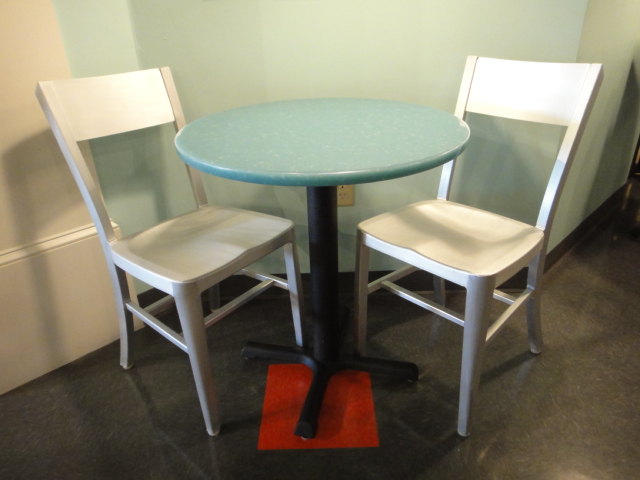 Small Round Cafe Table and Two Chairs Turquoise Corian Top