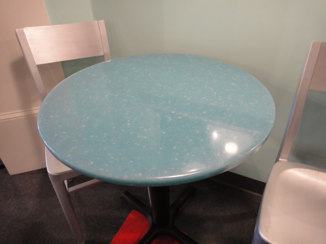 Small Round Cafe Table and Two Chairs Turquoise Corian Top