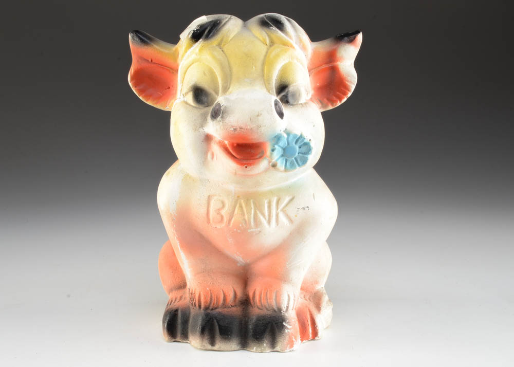 Vintage Chalkware Figural Cow Piggy Bank