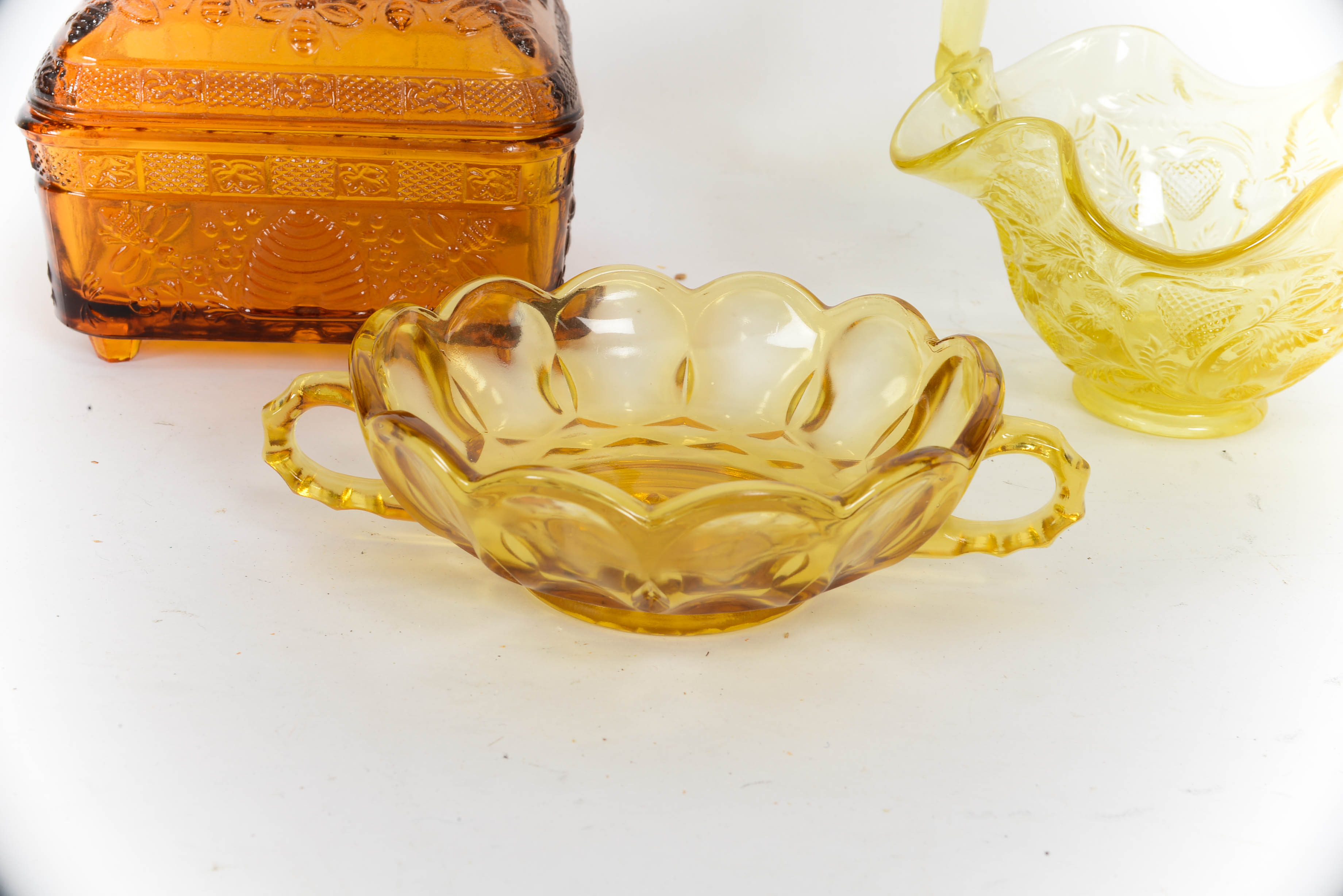 Vintage Fenton Candy Dish and Other Amber-Colored Glassware
