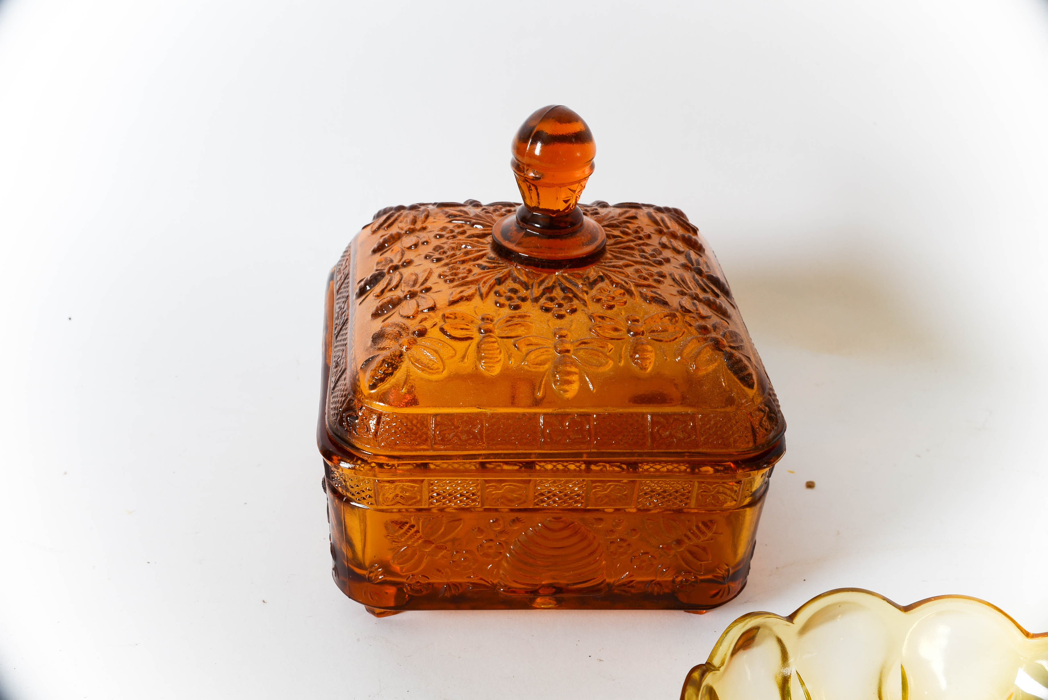 Vintage Fenton Candy Dish and Other Amber-Colored Glassware