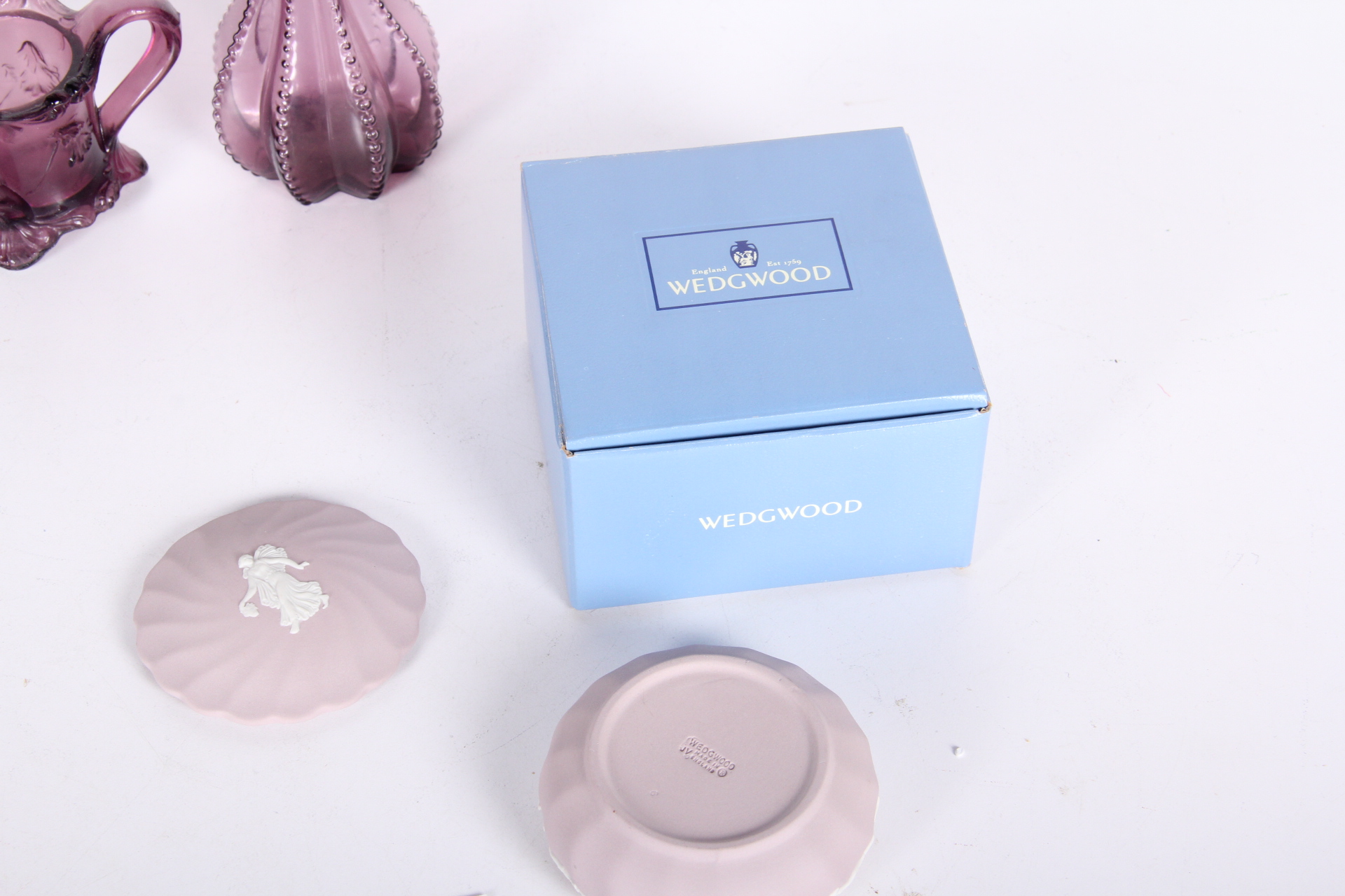 Wedgwood Trinket Box and Amethyst Glassware