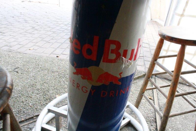 Wooden Top Red Bull Bar Table with Six Wooden Bar Stools