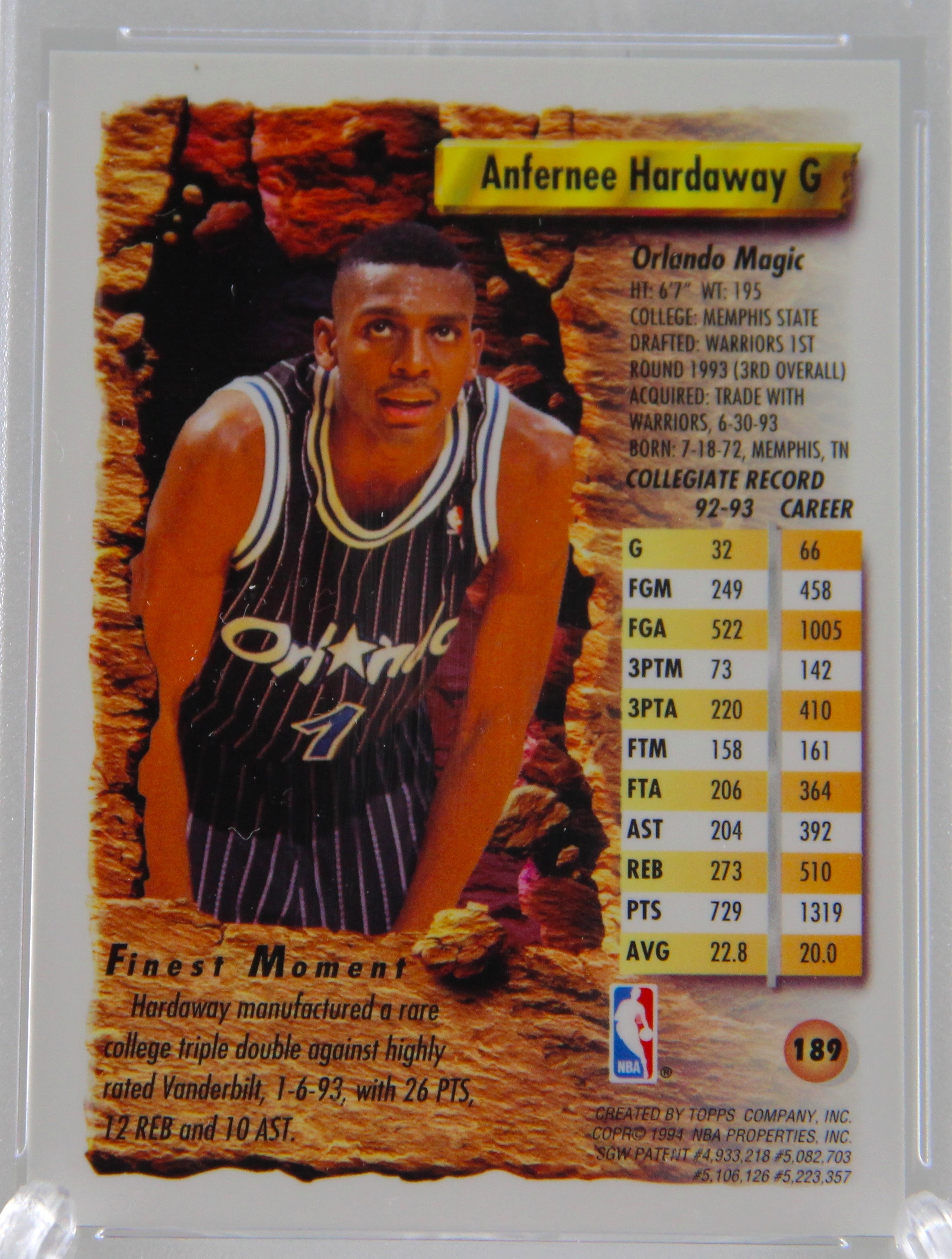 1993 Anfrenee Hardaway Orlando Magic Finest 189 Basketball Card