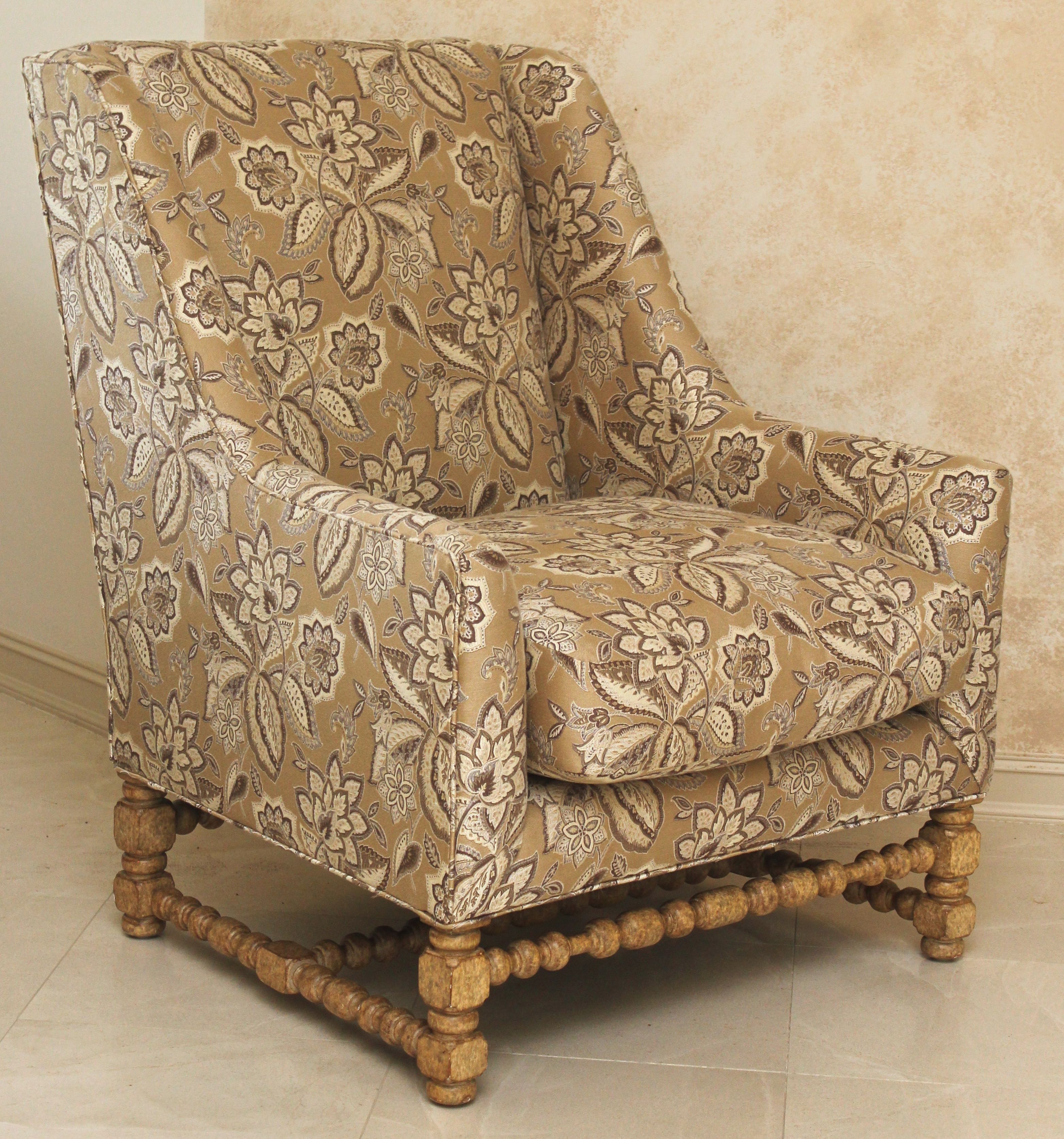 Oversized Upholstered Armchair with Turned Legs and Stetchers